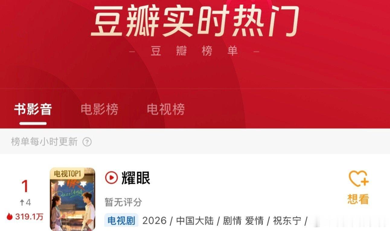 关晓彤、李昀锐《耀眼》今日开播豆瓣实时热门登顶第一，各大平台也是在夸好看的，你觉