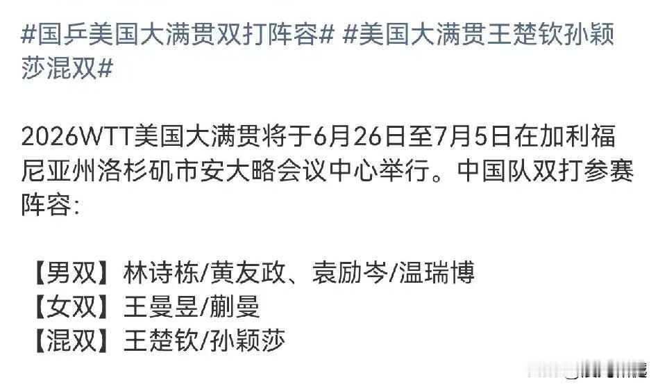 国乒美国大满贯赛双打阵容公布，王楚钦孙颖莎再次莎头组合

男子双打：
林诗栋／黄