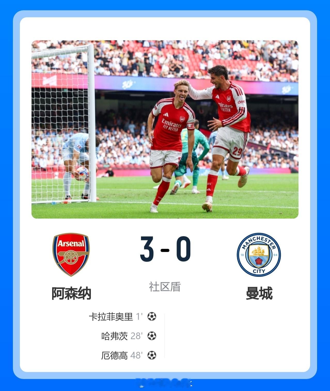 北京单场 完胜！阿森纳3-0曼城夺社区盾 卡拉菲奥里23秒闪击措利斯两助攻北京时