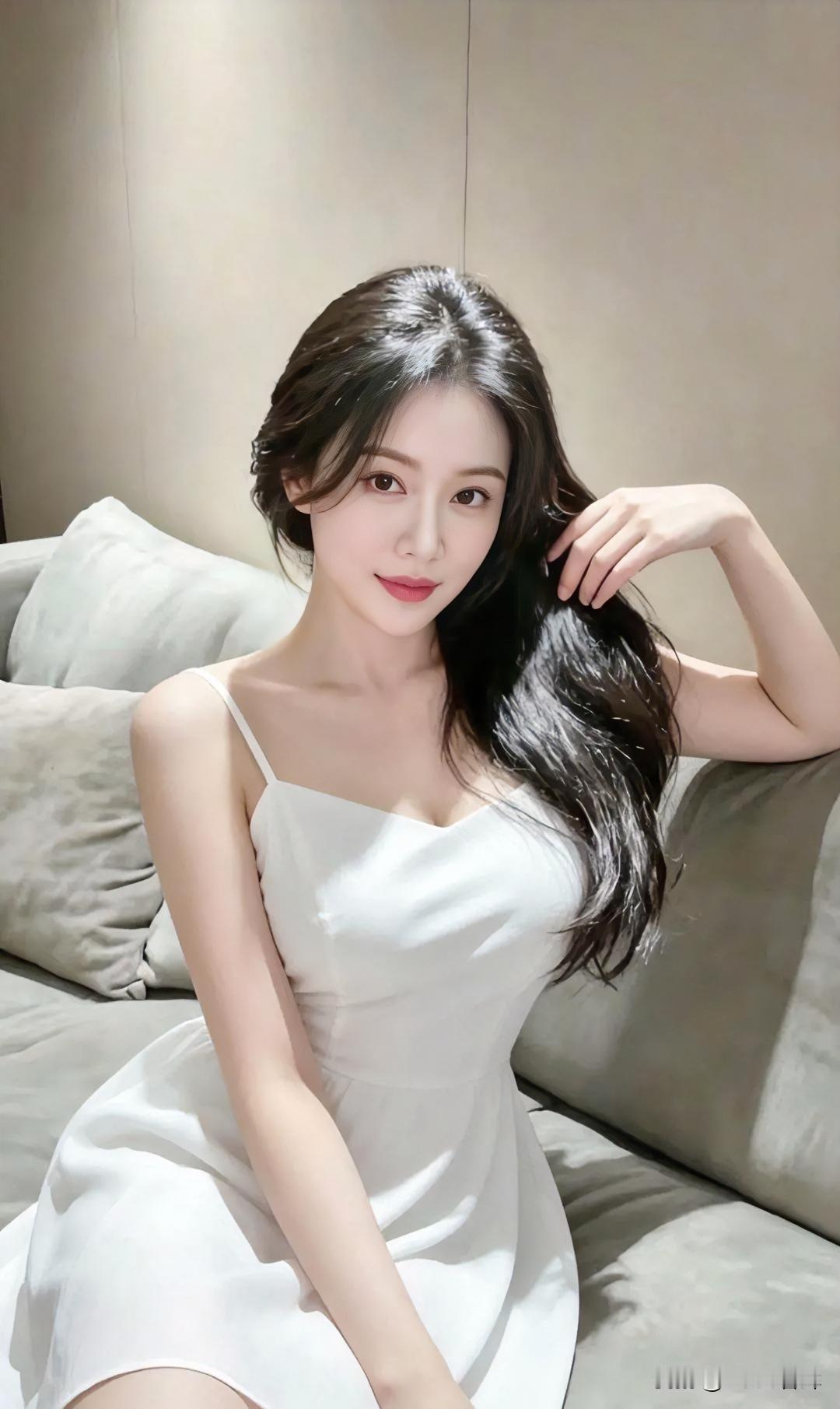 白裙曳柔光，素影映浅墙。

发缕随风舞，手抚鬓角长。

静室藏幽意，美在淡中藏。