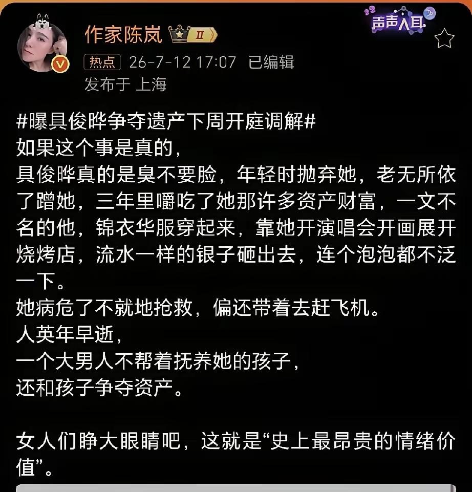 陈岚一针见血：具俊晔是史上最昂贵情绪价值，遗产风波印证早年预言！

作家陈岚评价