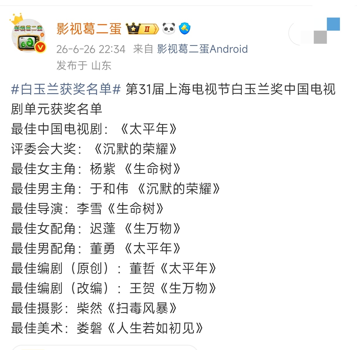 白玉兰获奖名单 至此，经过数月“网络拉锯战”，走过“发布会、提名公布、评委见面会