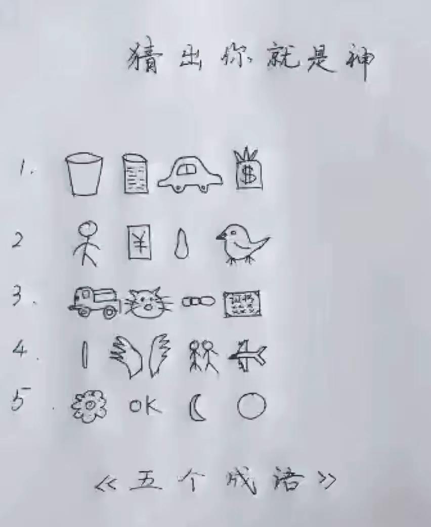 入目各式图，
不用乘或除。
打出五成语，
比谁先答出。