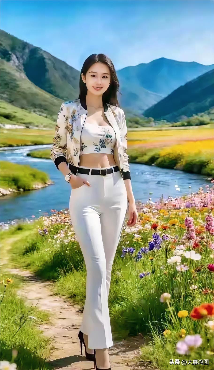 《花田美照》
花田烂漫映娇容，
蝶舞蜂飞意趣浓。
美女留姿香影里，
宛如仙子韵无