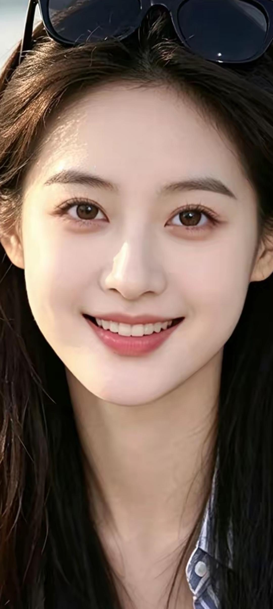 阳光明媚的沙滩上，笑容甜美的女孩，戴着墨镜，享受着海风拂面的感觉。