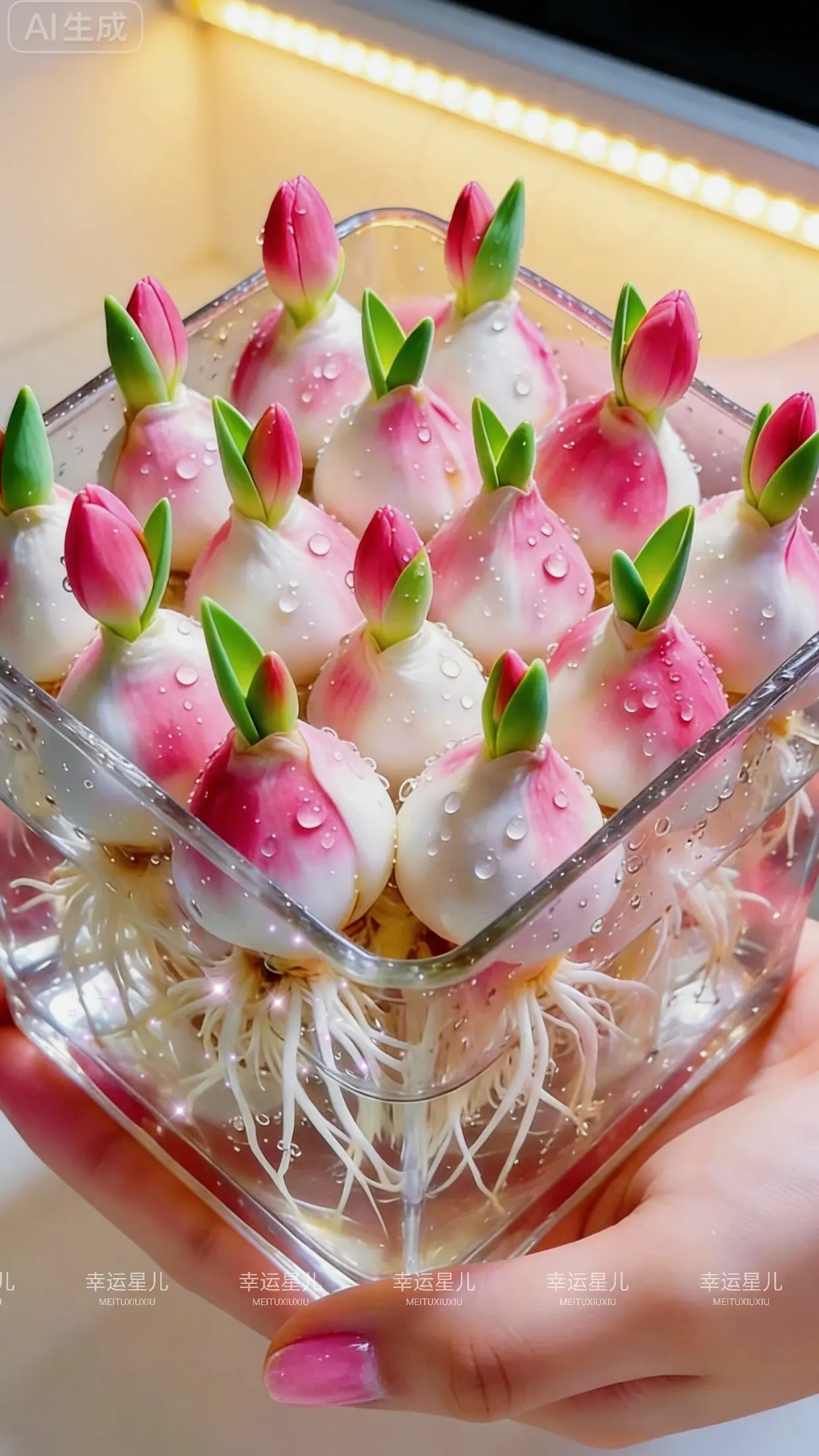 澄澈浅波轻滋养，静待时光赴花期。水培郁金香不染尘嚣，只凭一汪清透，于静...
