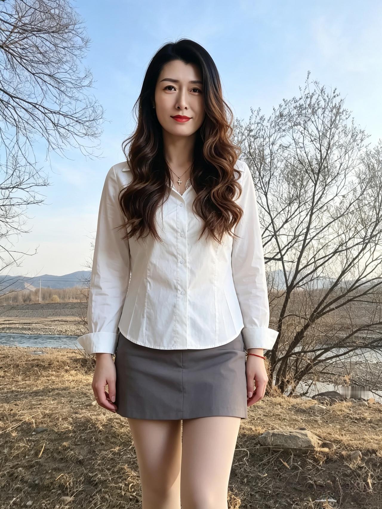 轻衫绰约倚晴川，
秀发随风意自闲。
不著繁华妆与饰，
清姿一顾醉群山。