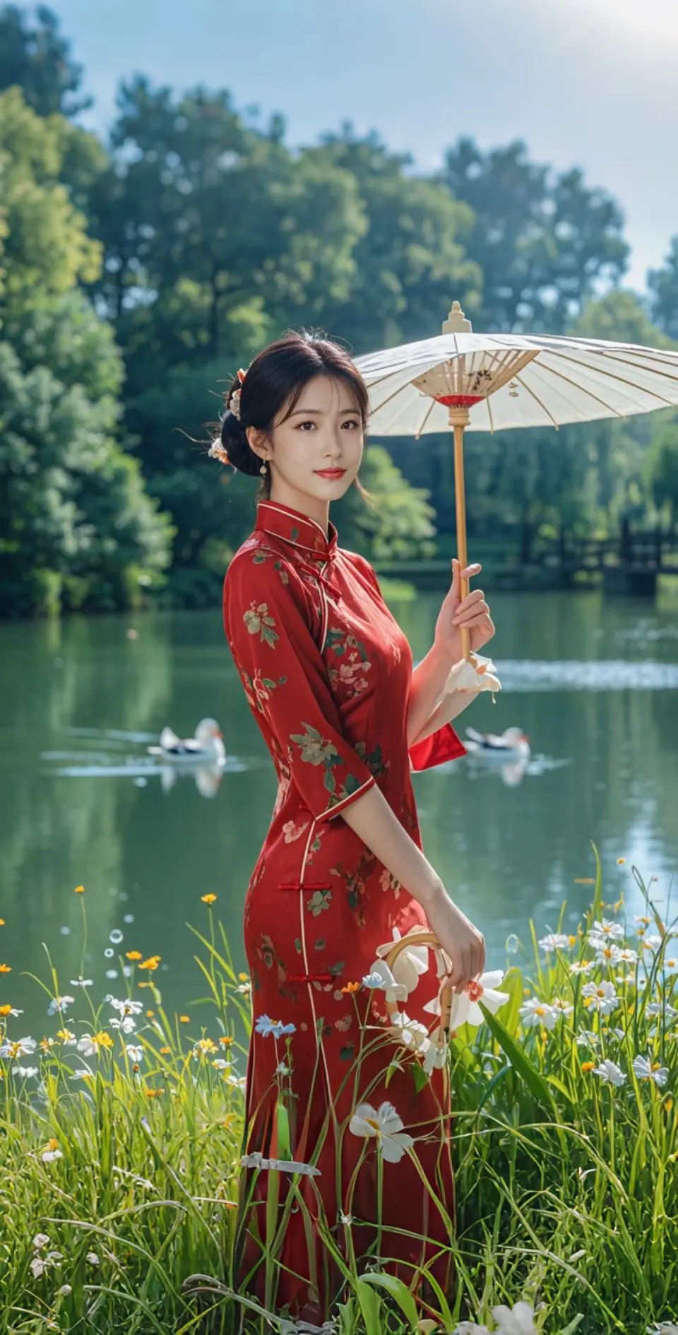 AI扩图 AI湖畔旗袍佳人