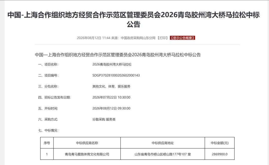近日，2026青岛胶州湾大桥马拉松中标单位出炉，青岛青马爱跑体育文化有限公司以高