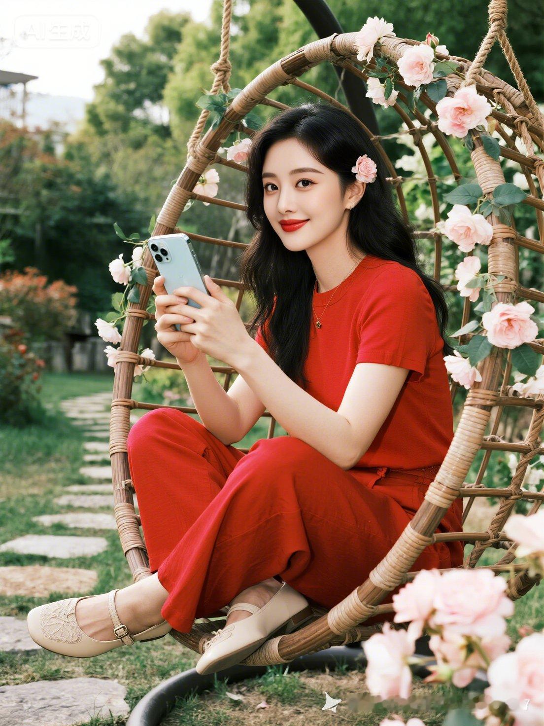 在藤椅上享受悠闲时光，红衣少女与粉色花朵相映成趣。