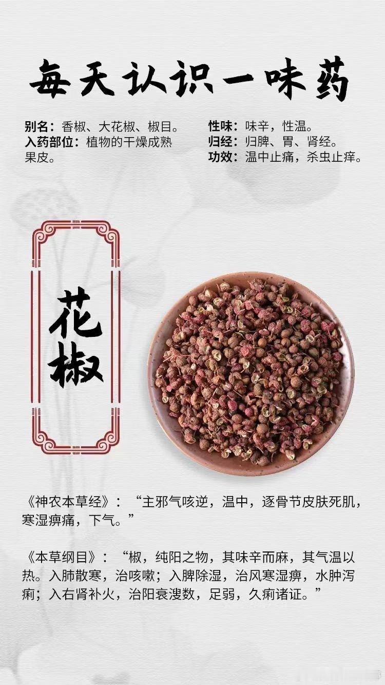 #国医的精诚力量# 【每日一味中药材】花椒别名：香椒、大花椒、椒目。入药部位：植