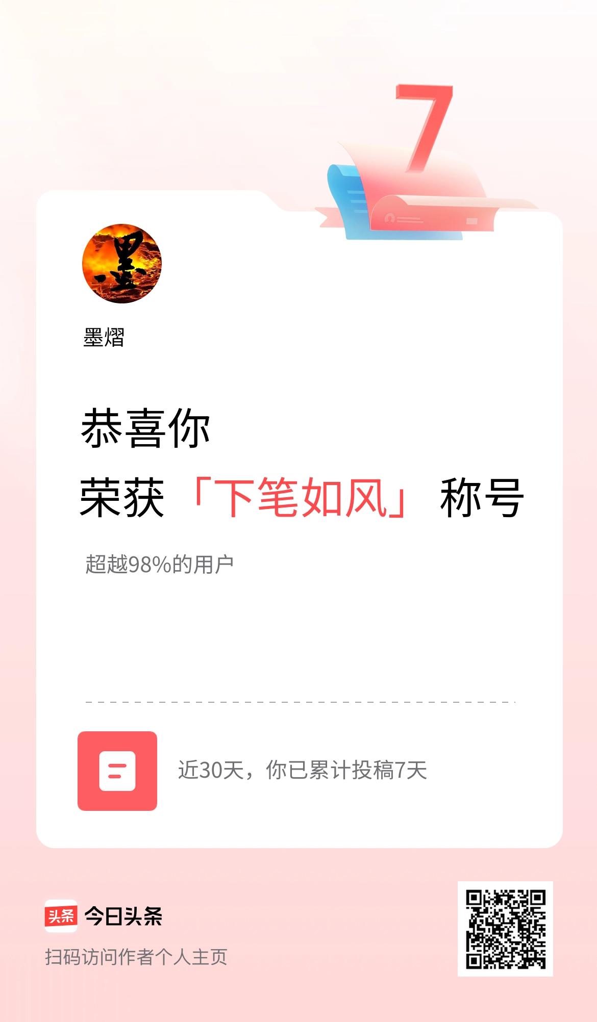 我在头条30天内投稿打卡7天，获得“下笔如风”称号