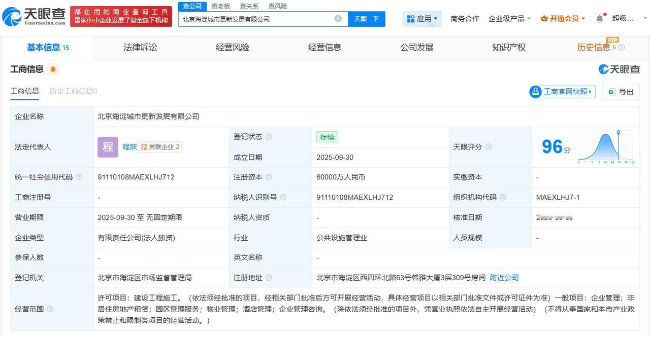 北京海淀城市更新发展公司成立注册资本6亿
天眼查App显示，近日，北京海淀城市更