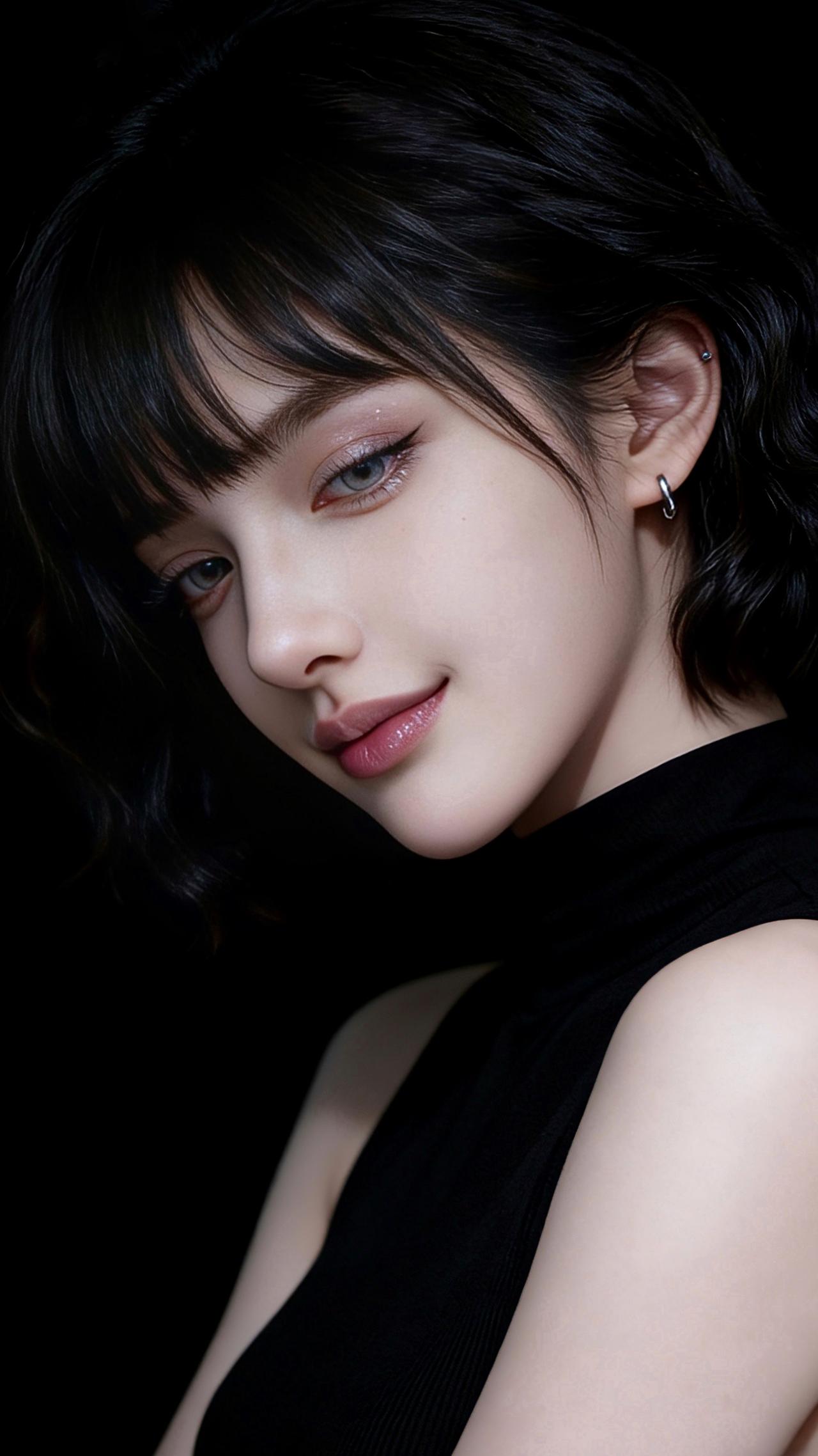 九帧同绘暗夜精灵！乌发如墨卷齐刘海，蓝眸如宝石藏星，粉唇似樱绽浅笑。黑衣露肩颈，