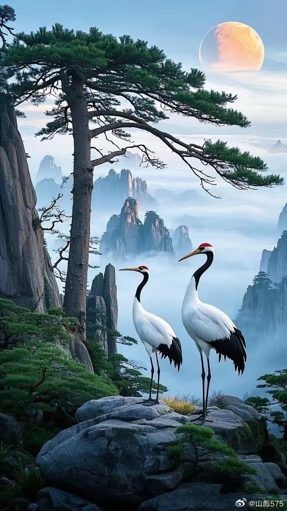 七女捧月作灯明山彪一湖人间胜仙景，天人驾云留倩影。七女捧月作灯明，夜赏荷艳蛙歌声