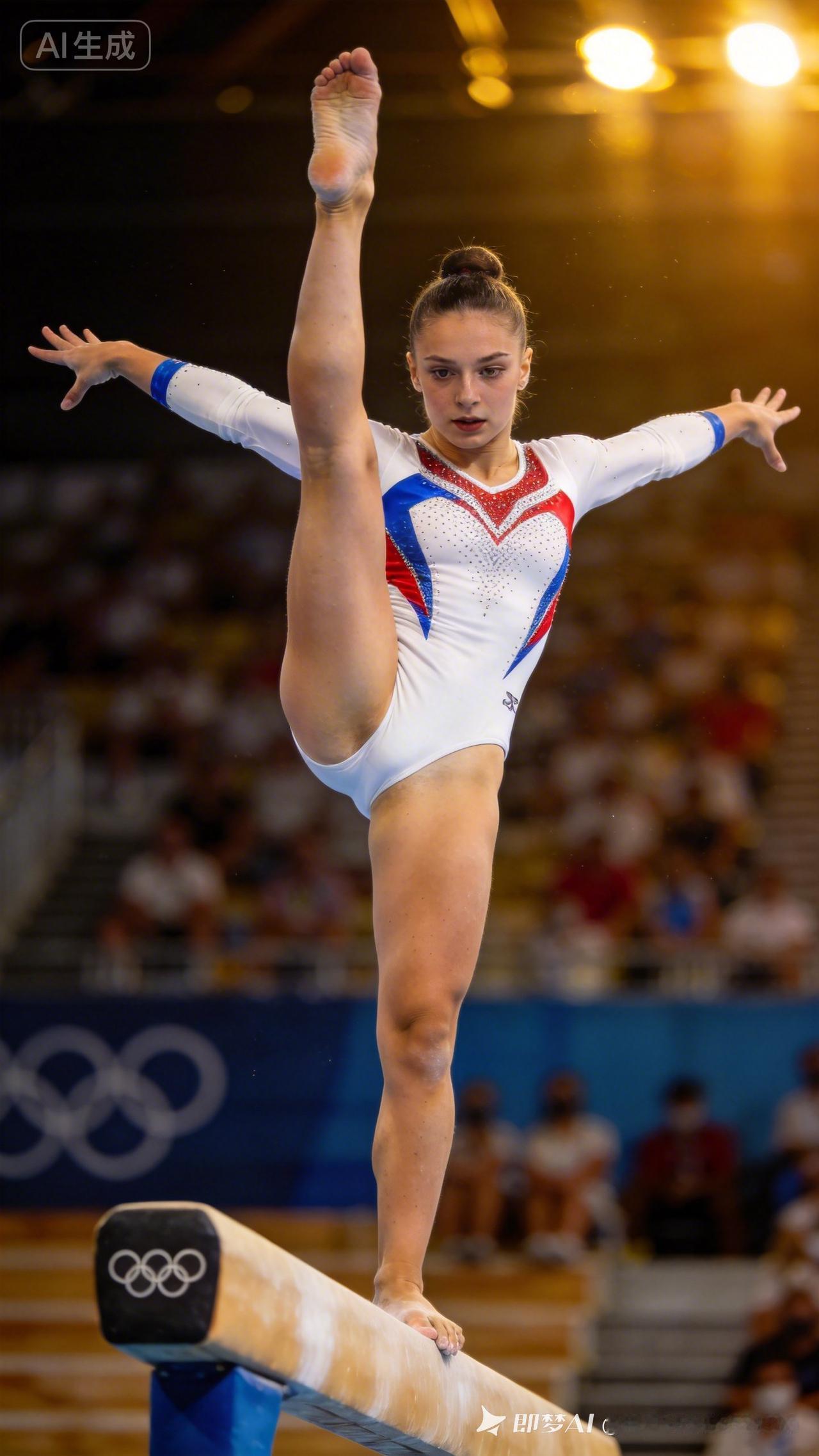 这位体操运动员正在平衡木上展示高难度动作。