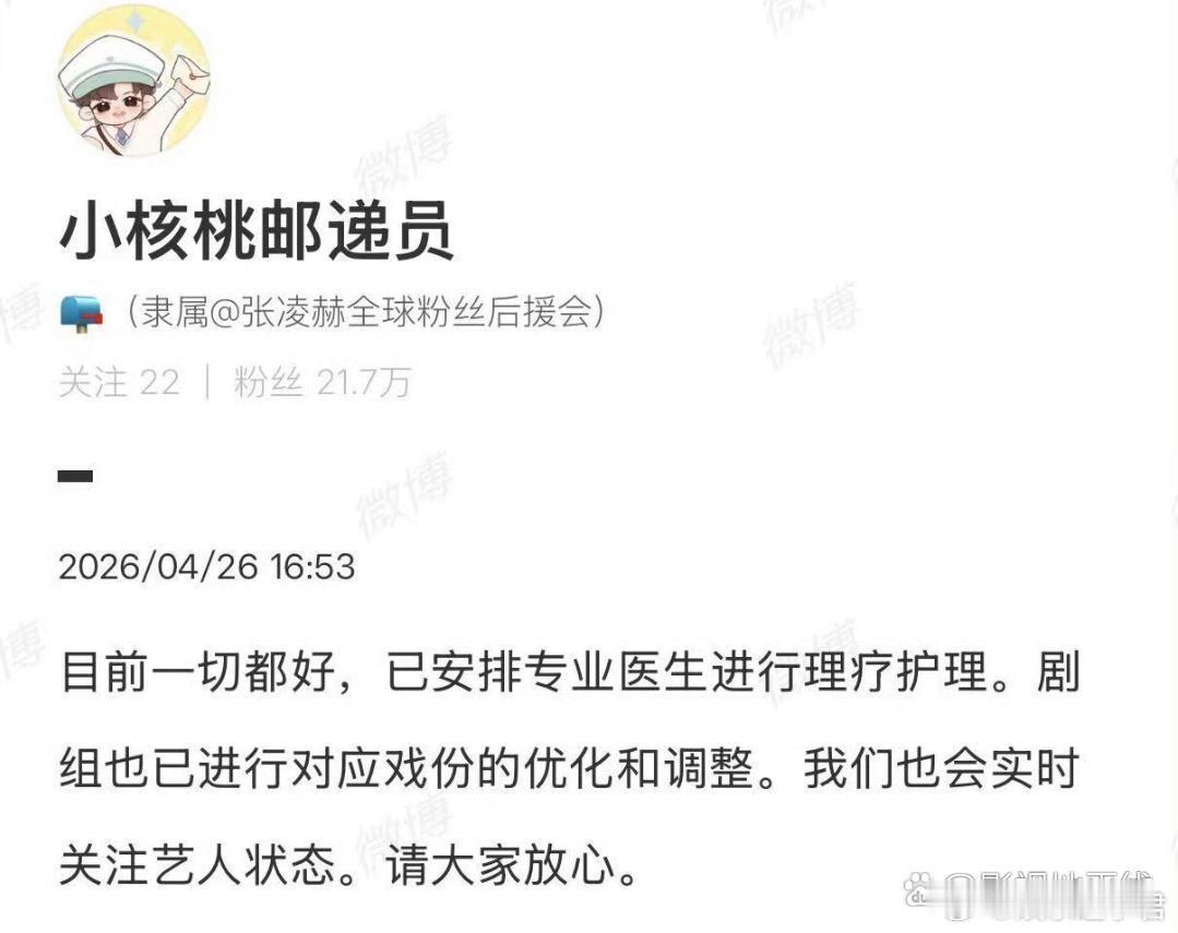 张凌赫对接回应称：“目前一切都好，已安排专业医生进行理疗护理，剧组也已进行对应戏