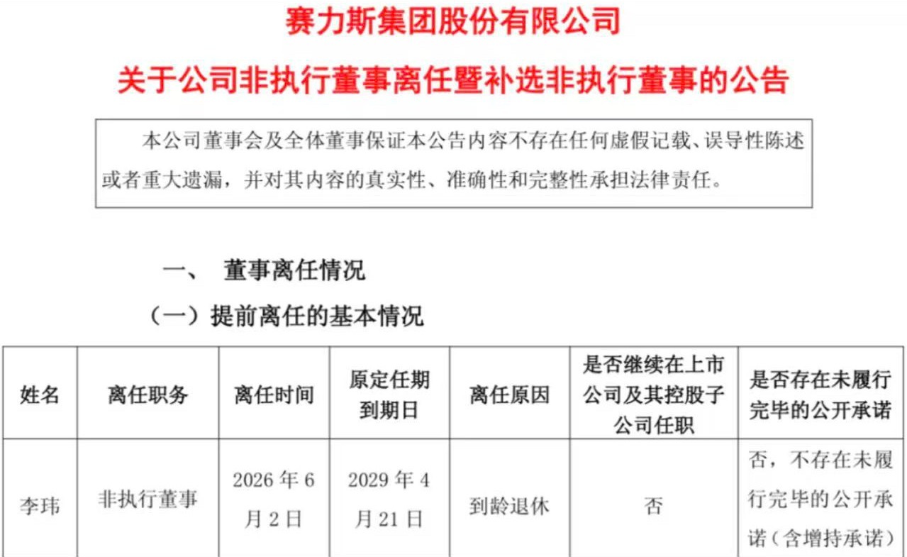 赛力斯 6月3日，赛力斯集团股份有限公司发布《关于公司非执行董事离任暨补选非执行