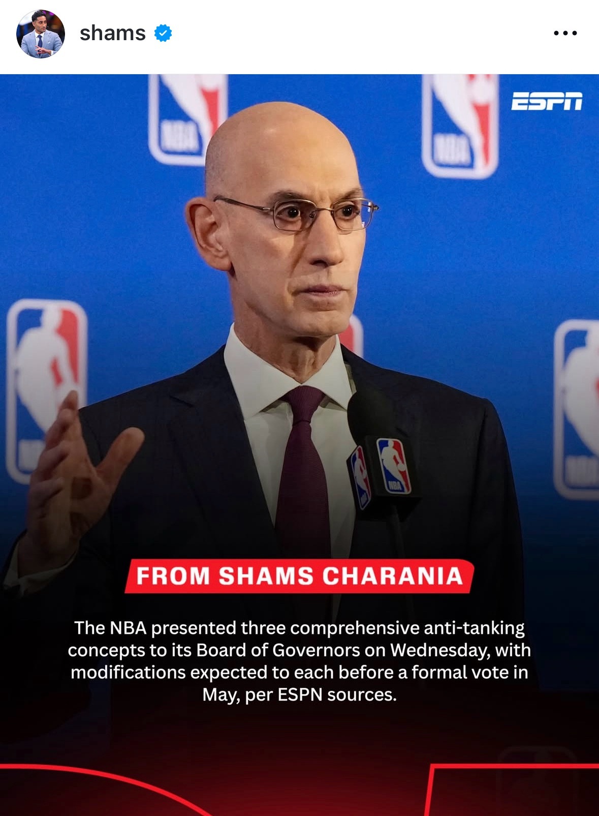 Shams：据ESPN消息，NBA于周三向理事会提交了三套全面的反摆烂改革方案，