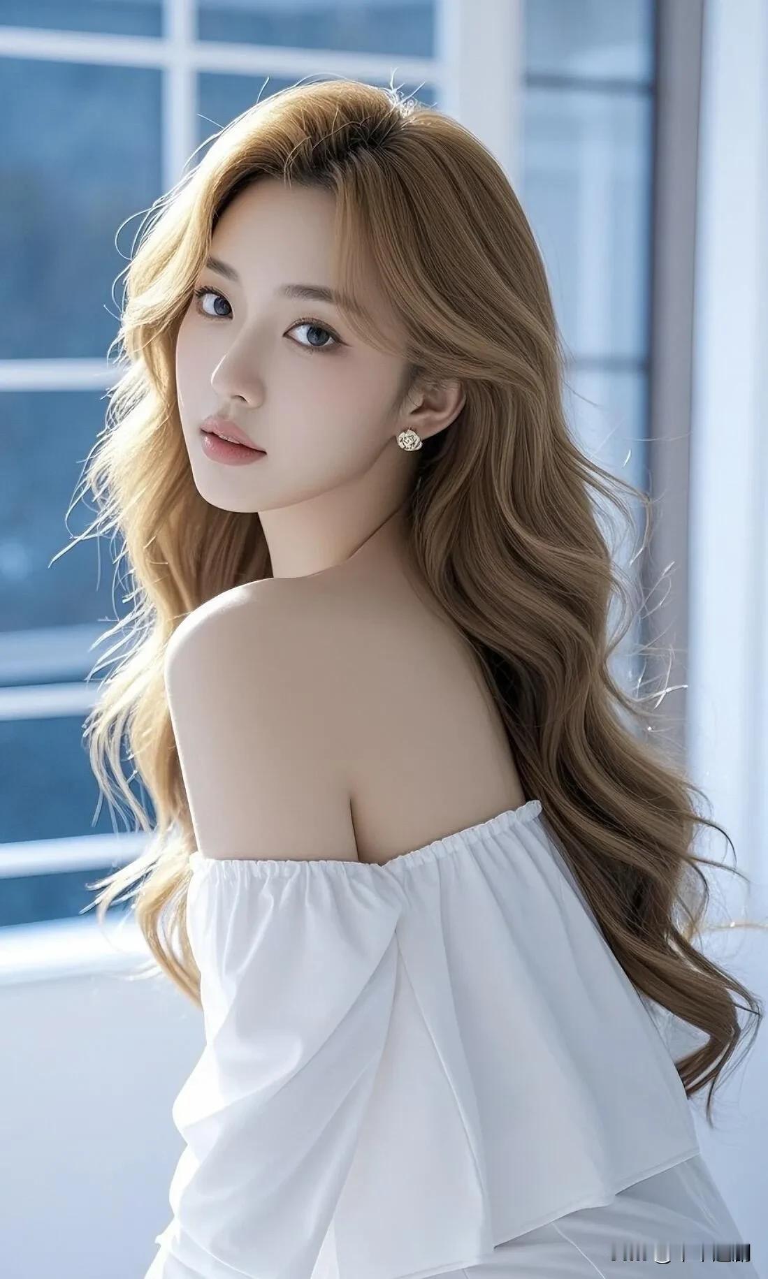 白纱露肩裙衬出清冷温柔，浅金卷发揉碎了窗边的光，氛围感拉满✨
白裙少女感 温柔气