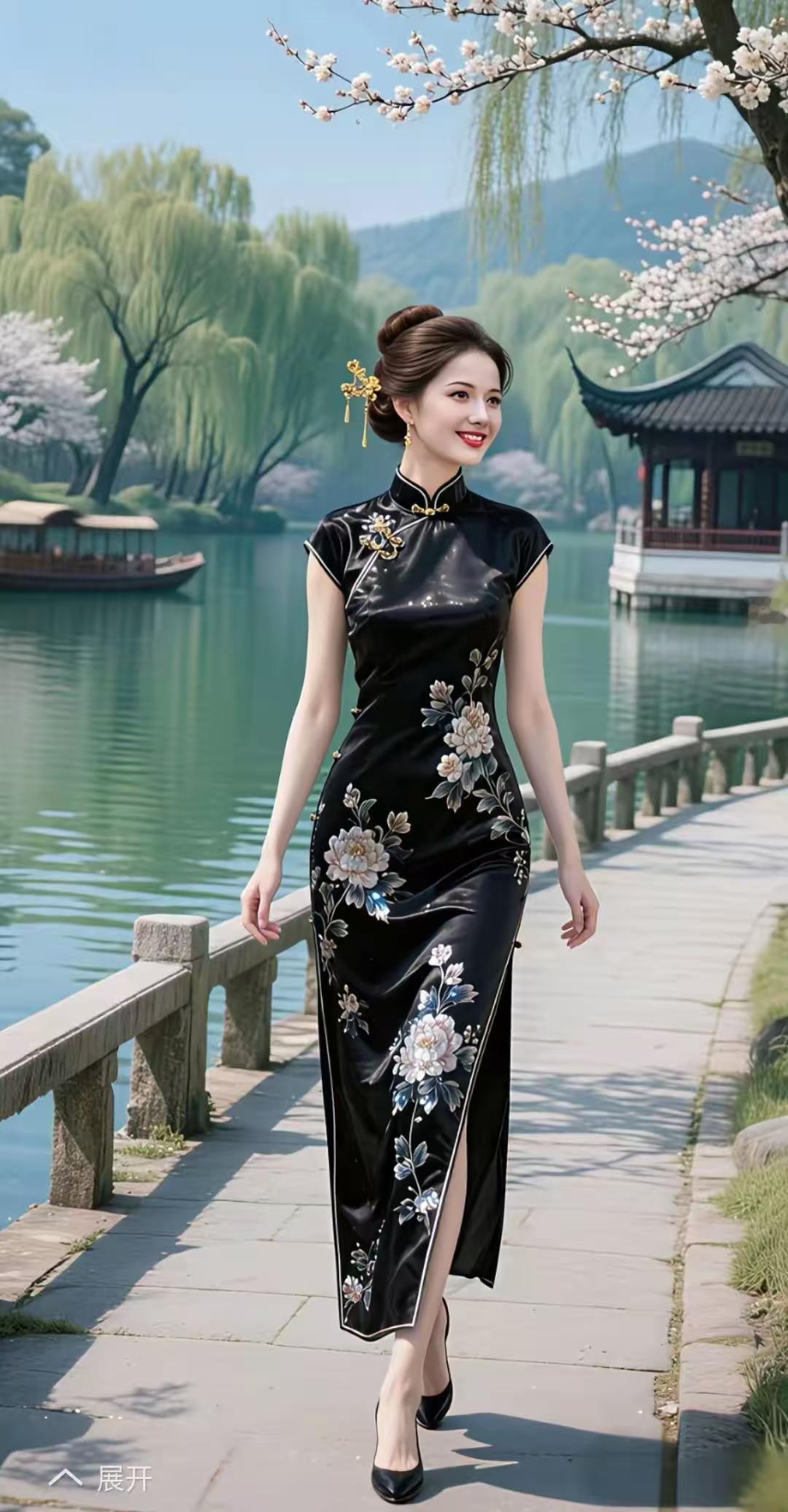 金字经·咏旗袍
雅韵裁云锦，
古风映玉容。
中西融得一身红。
浓，腰身曲线工。