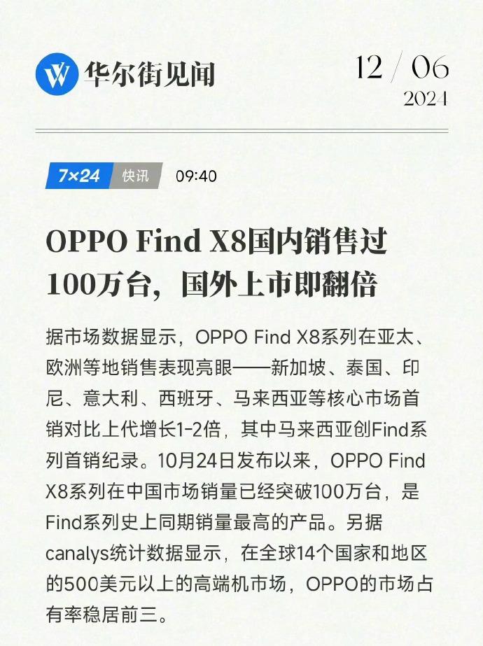 OPPO Find X8系列国内销量超过100万台，成为Find系列史上同期销量