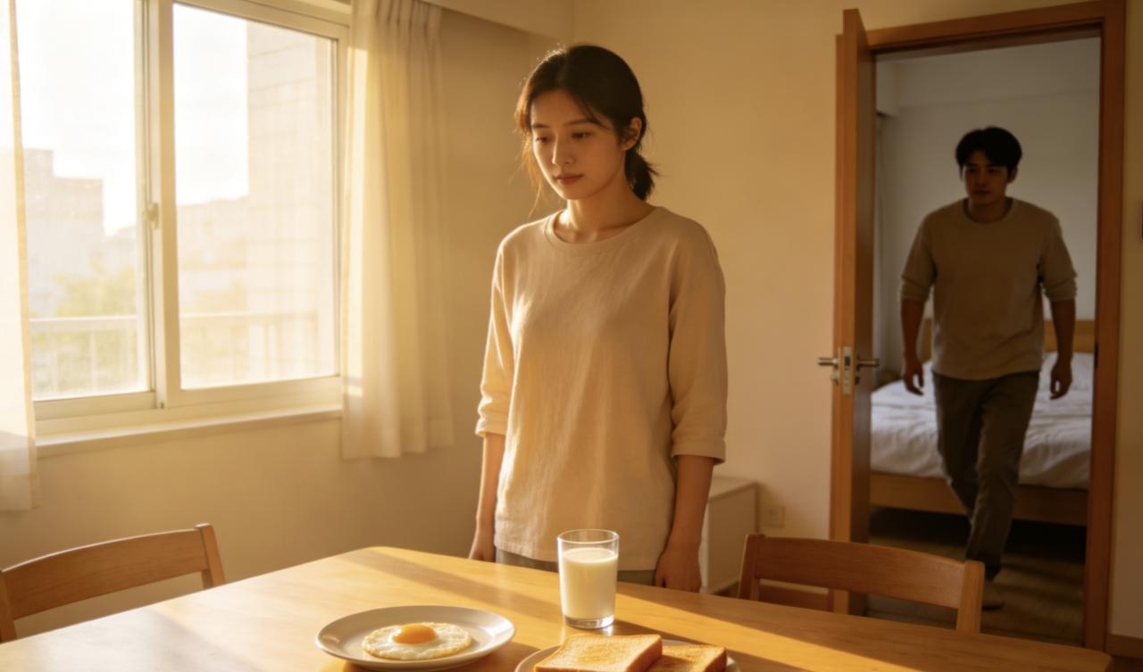 林悦和男友陈默同居两年，早餐一直是她做。
她习惯七点起床，煎蛋、热牛奶、烤两片面