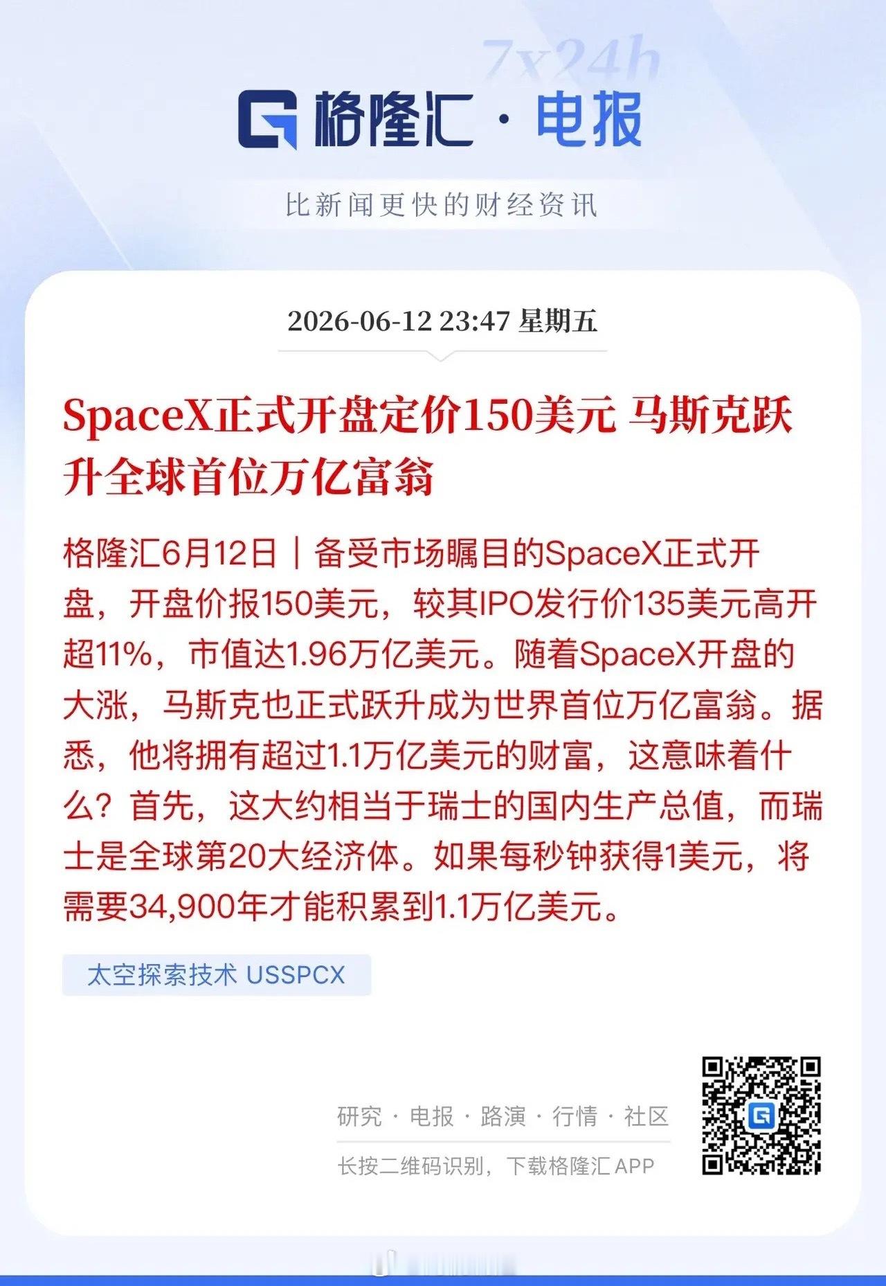 埃隆·马斯克再度创造资本市场传奇。SpaceX登陆美股后首秀表现亮眼，当日涨幅达