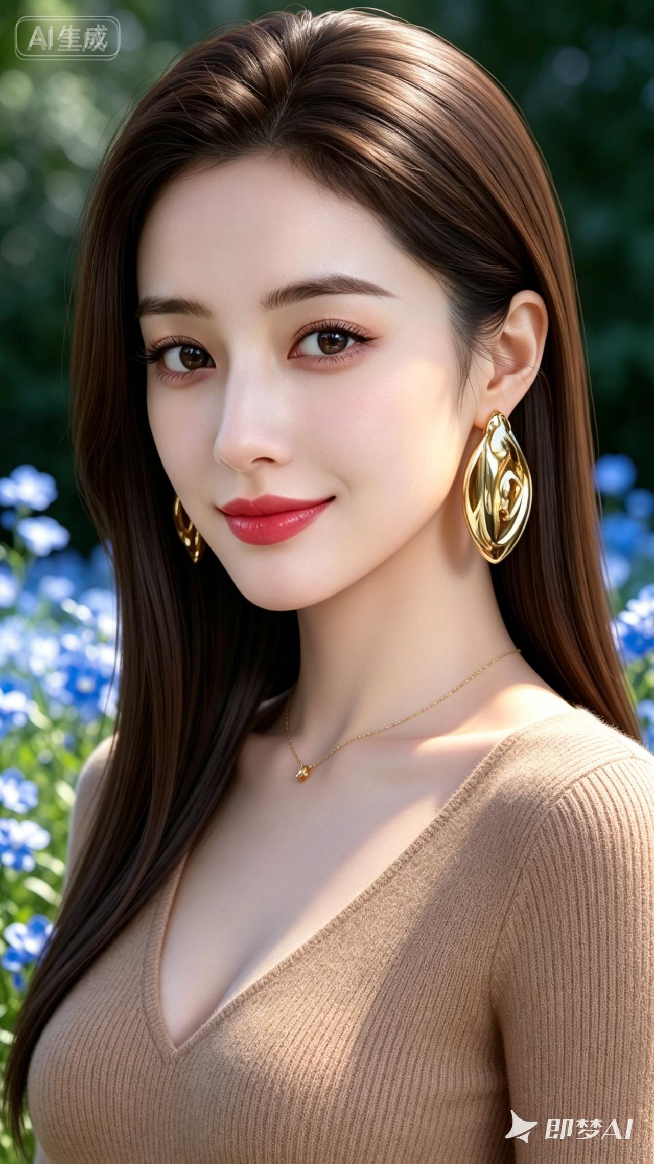 优雅气质，自然妆容，金色耳环，甜美微笑