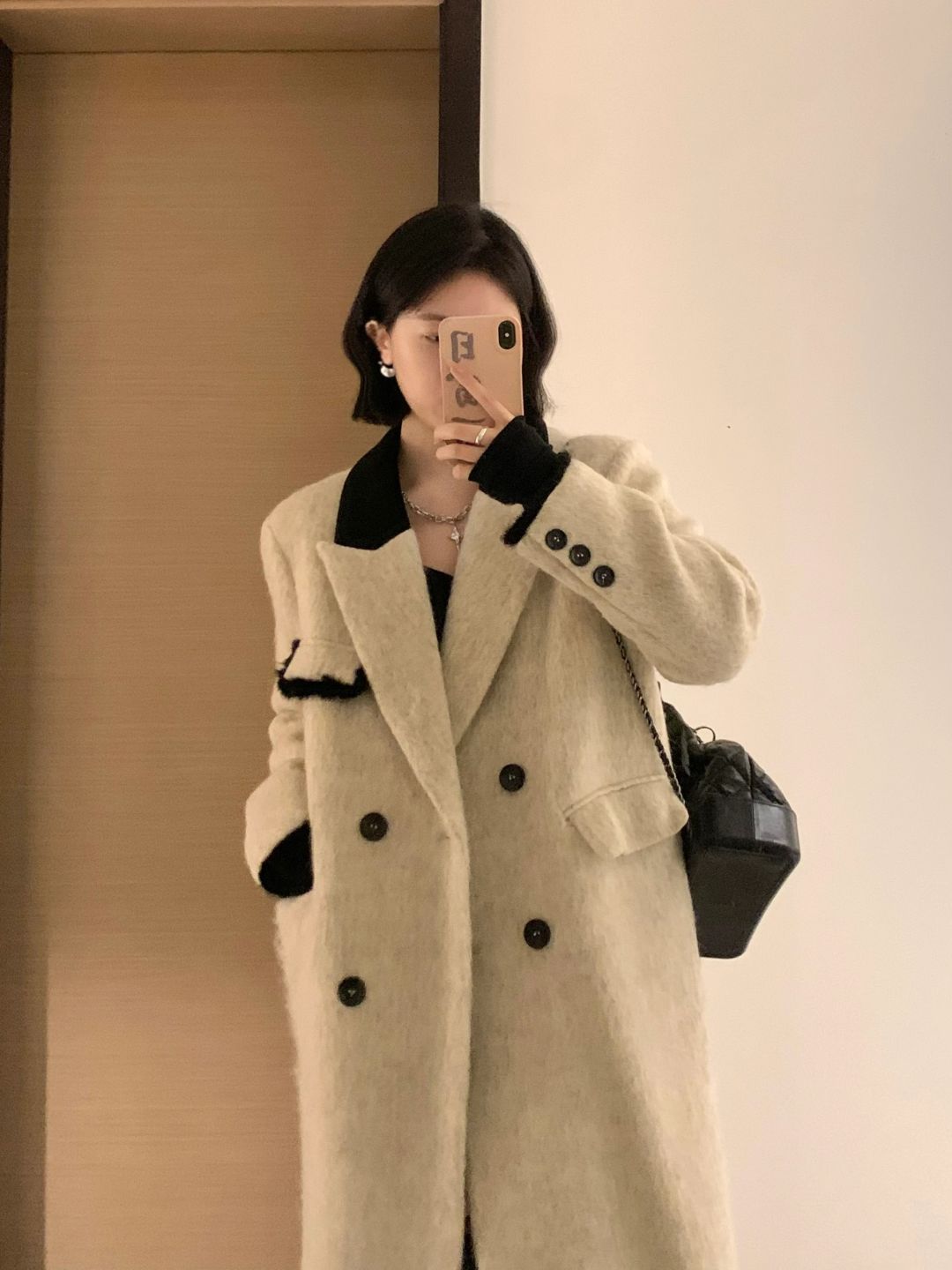 165/120 微胖穿搭 拼色大衣好韩