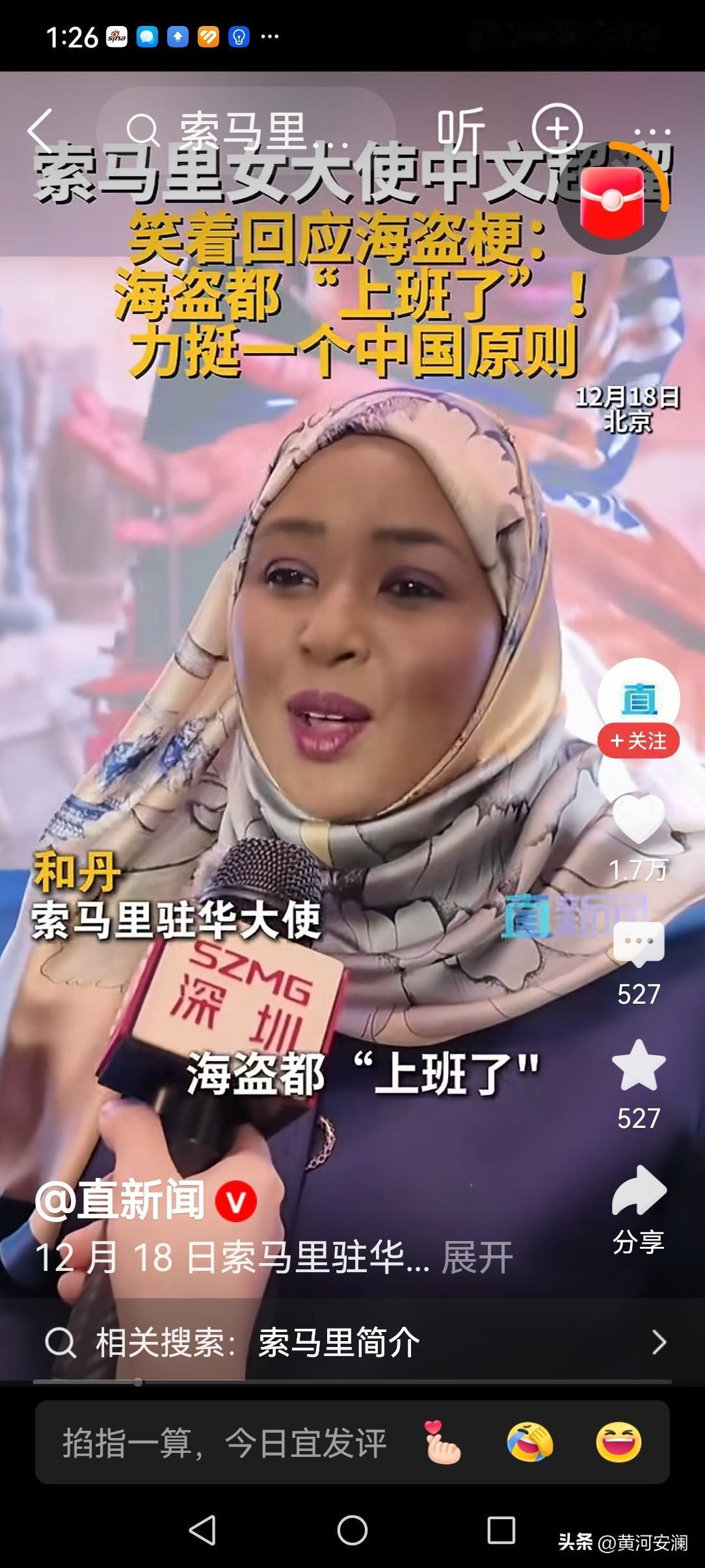 索马里驻华女大使和丹真的太圈粉啦！面对索马里海盗问题，她笑着回应“海盗都上班了”