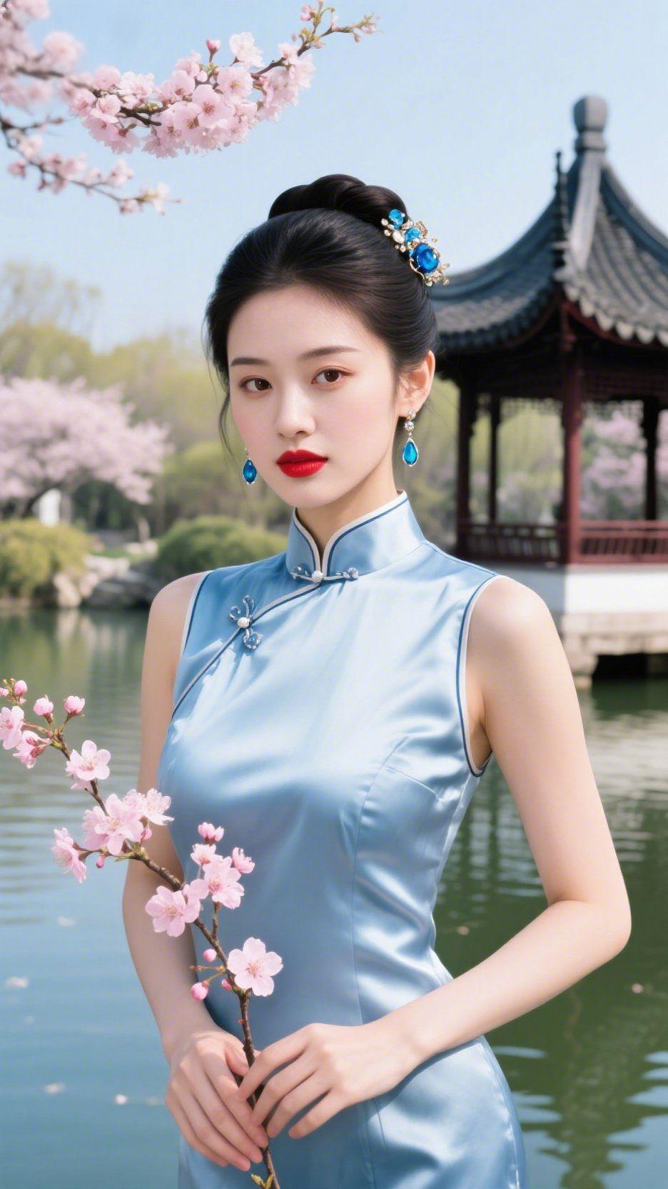 春园即景
 
晴波漾影映亭台，
粉蕊繁枝次第开。
水榭风轻摇翠柳，
春山云淡入怀