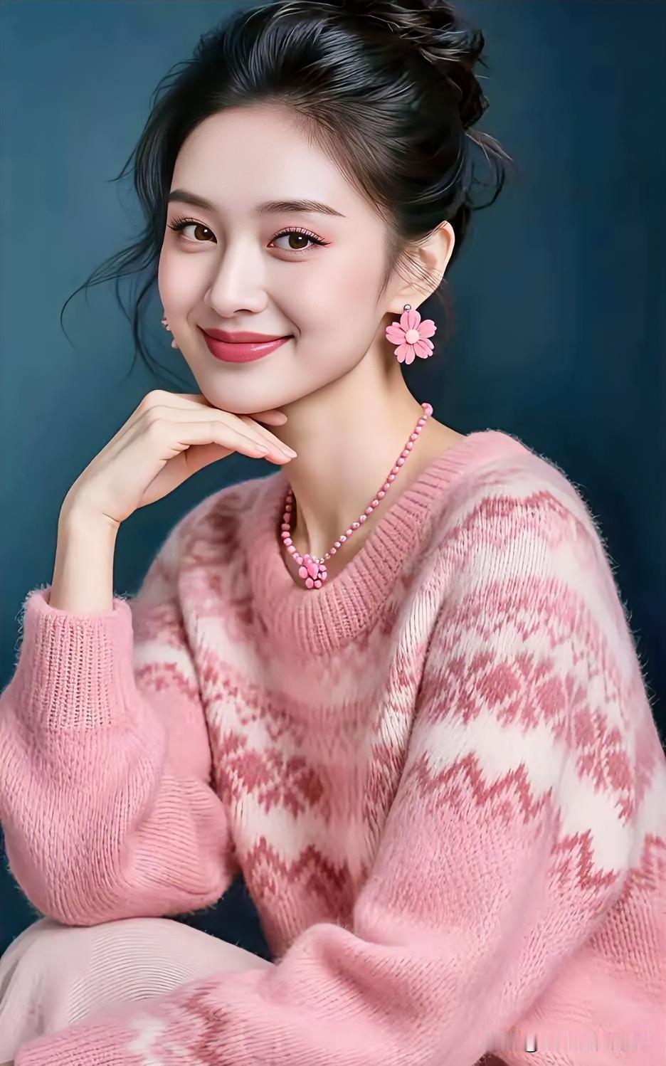 粉色毛衣温柔显白，花朵配饰灵动俏皮，笑容甜美治愈，尽显少女感。