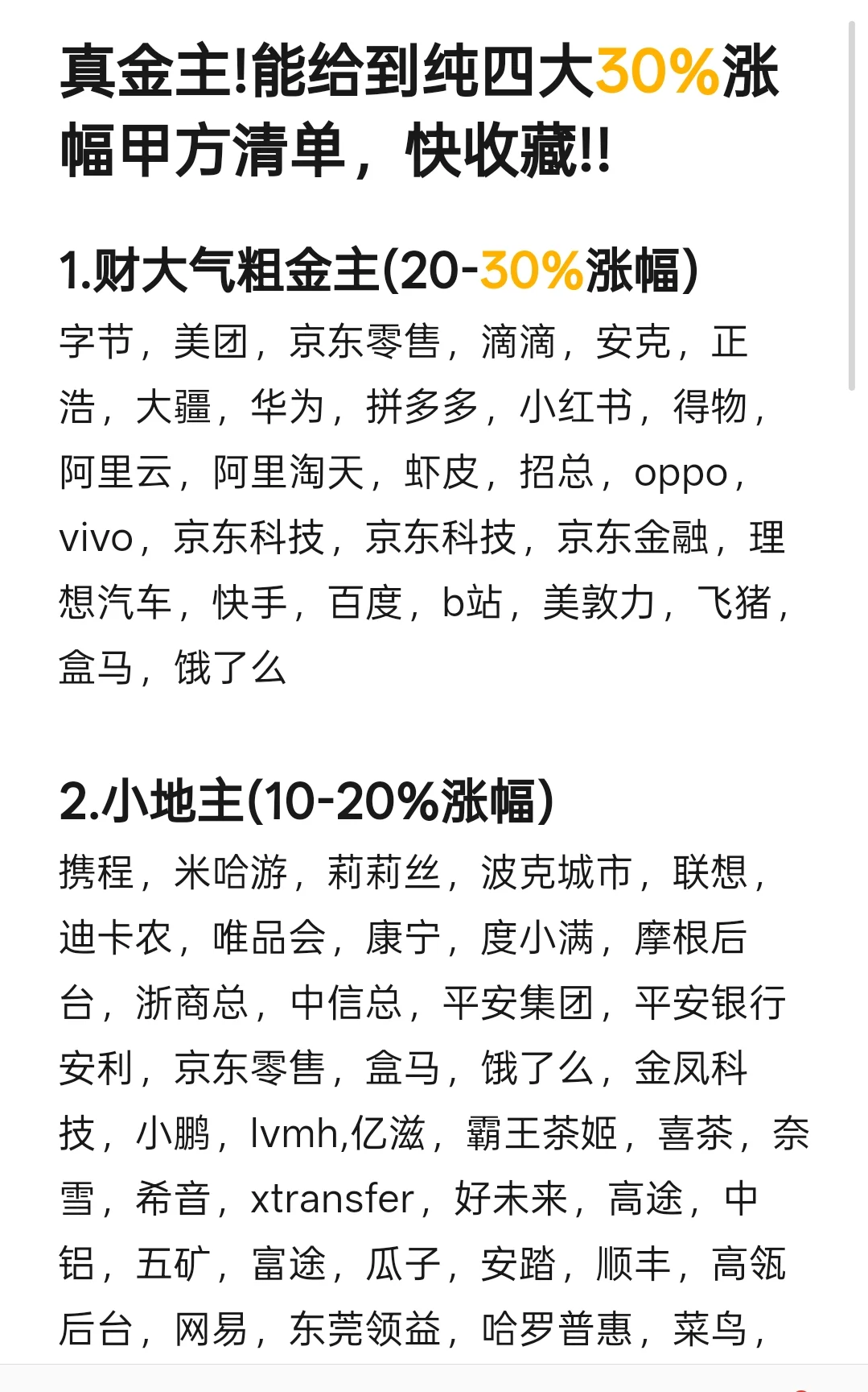 真金主!能给到纯四大30%涨幅甲方清单，收藏