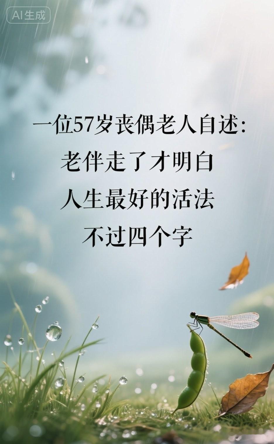 一位57岁丧偶老人自述：老伴走了才明白，人生最好的活法，不过4个字。

老伴走了