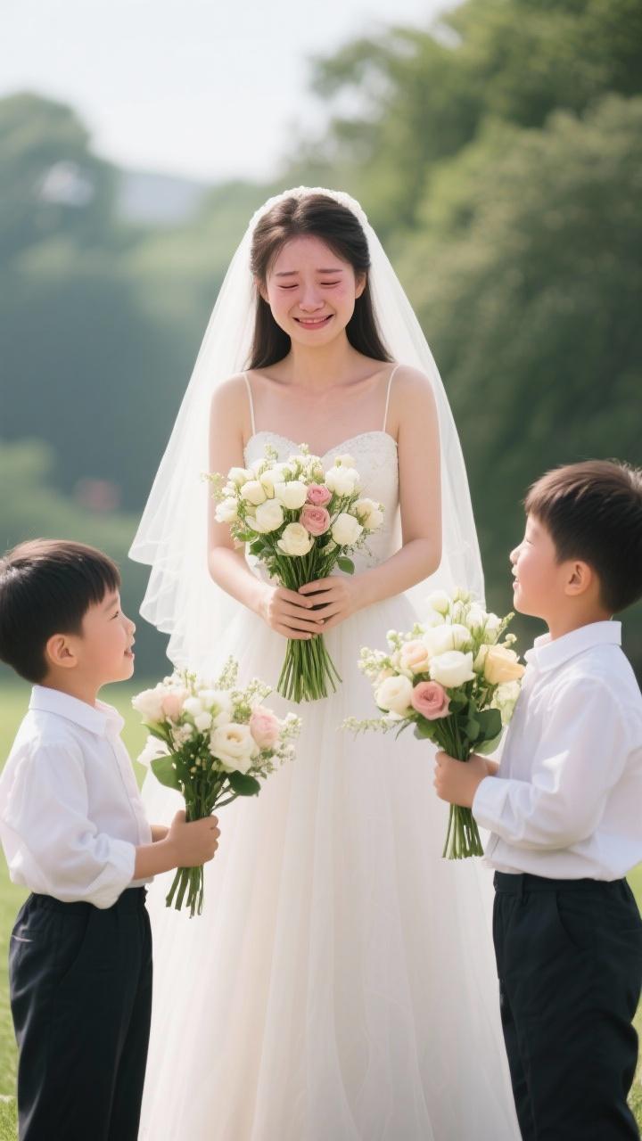 《两个弟弟送姐姐出嫁》

照片里，两个小男孩穿着小西装，一人捧一束花，站在婚礼红