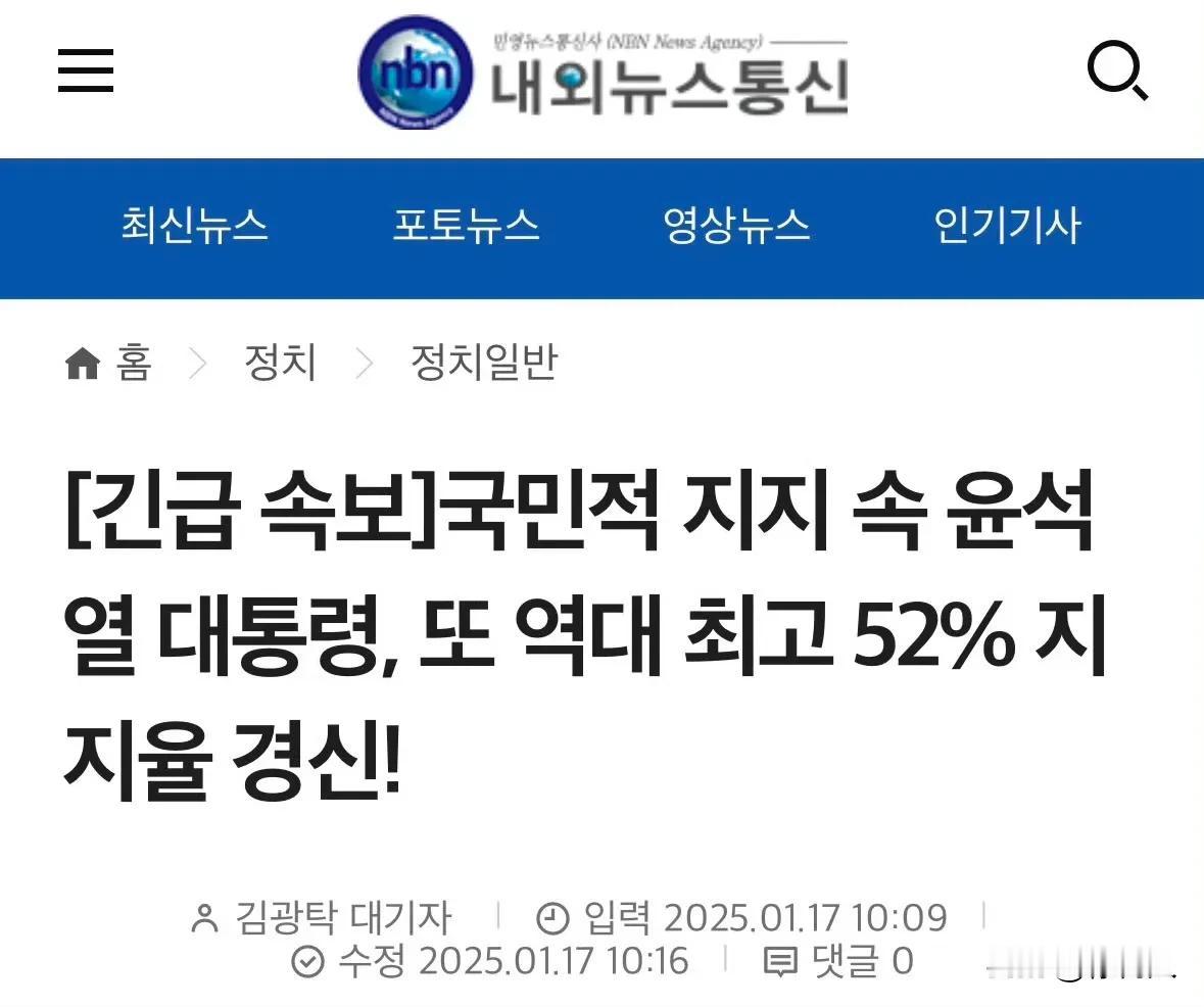 据韩国媒体1月17日报道，韩国总统尹锡悦的全国支持率突破52%，自2022年就职