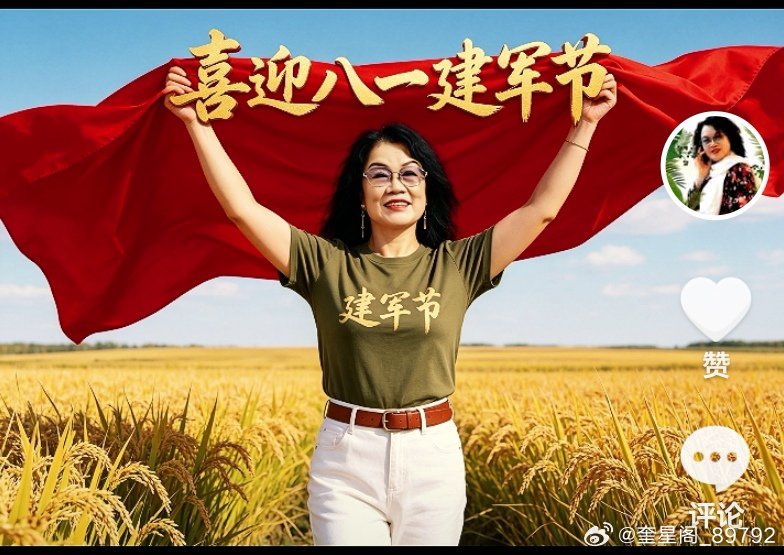 柳营风暖凯歌曲，戎服气昂颂八一。守土常思国民富，军营佳节共欢娱。钢铁长城千秋固，