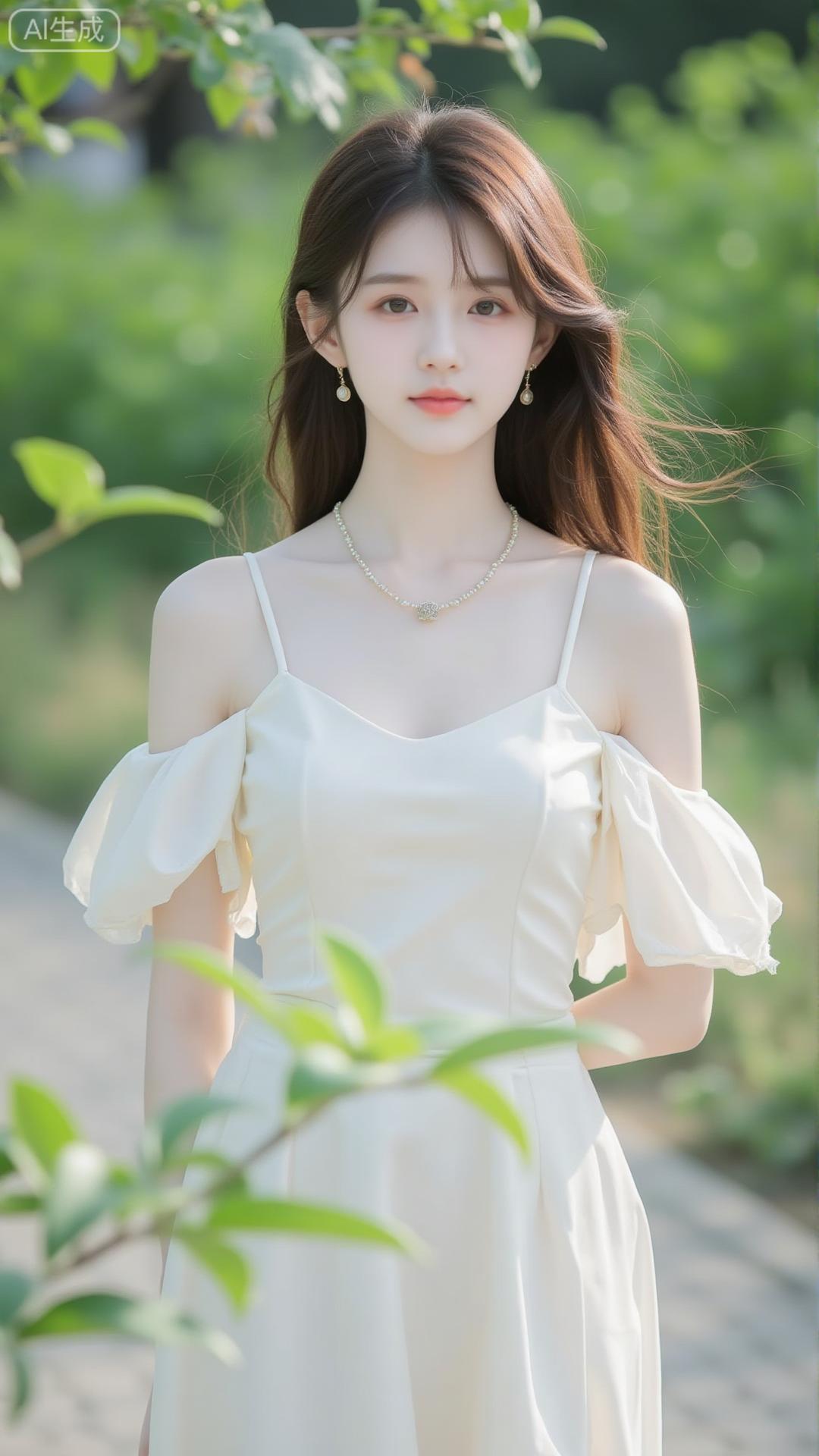 林间雅韵，奶白露肩裙衬银饰，温婉纯欲如诗画佳人粉雾玫瑰吊带裙 林间粉裳美人 清蓝