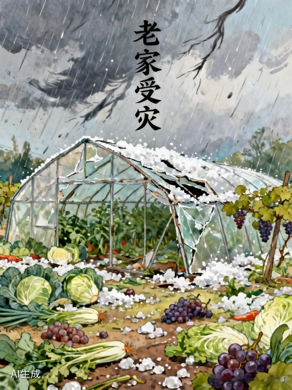 狂风暴雨加冰雹！
我老家受灾了！
二姐告诉我，冰雹把农户的大棚都砸坏了。能把大棚