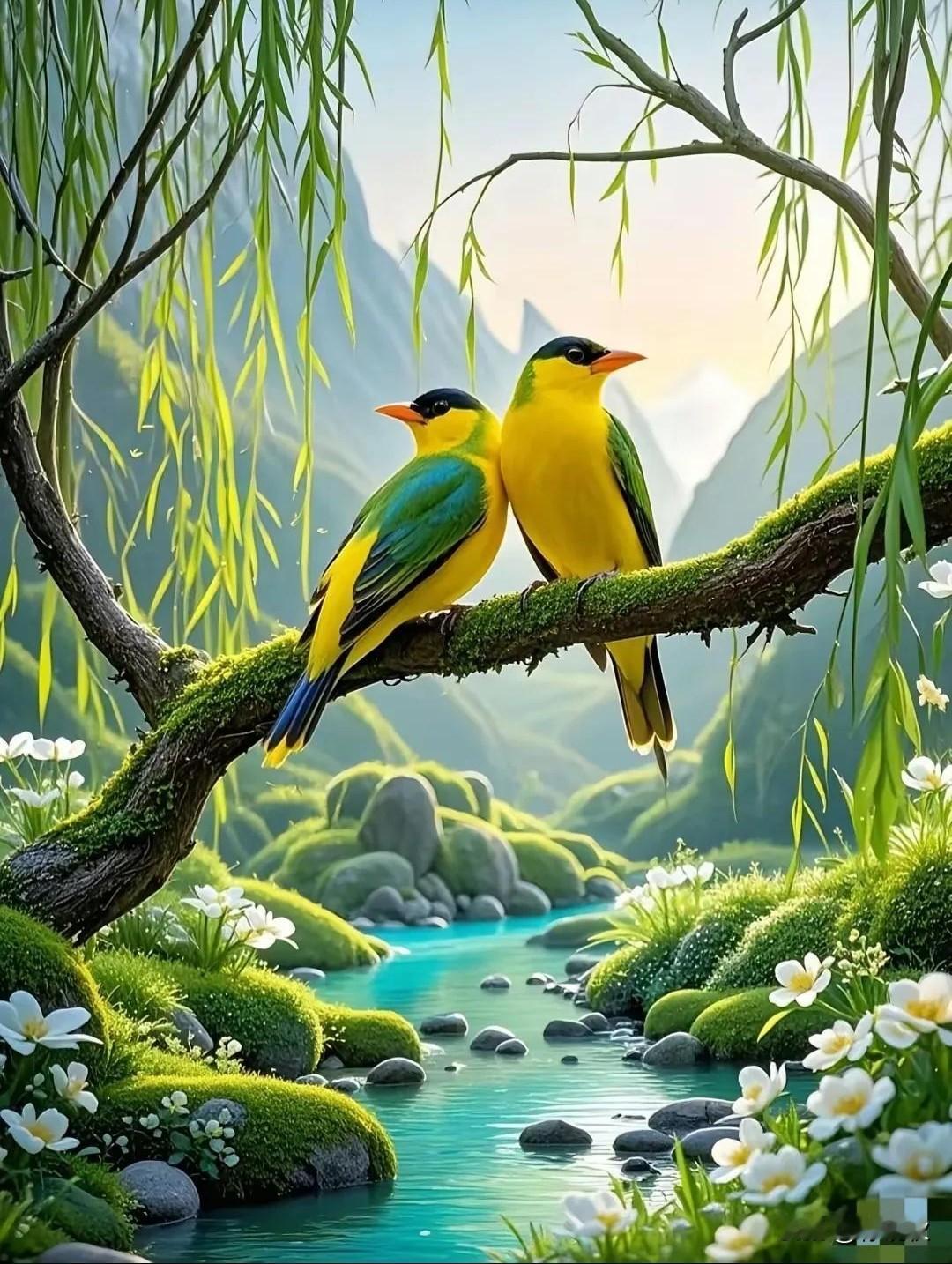 上联：两个黄鹂叽喳叫
下联：一堤柳色醉春风