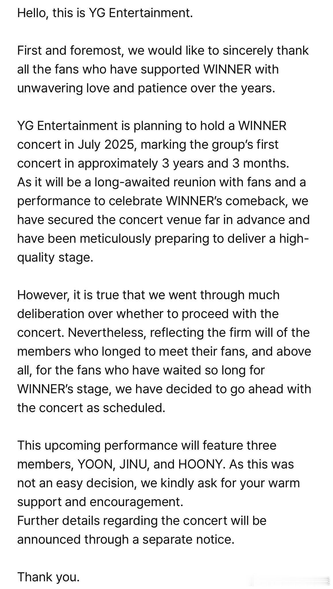 WINNER演唱会官宣报！WINNER将于7月举行演唱会！YG方面表示：“202