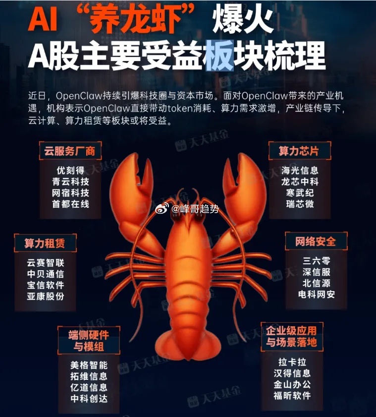 这两天“养龙虾”彻底火了，在A股港股也爆炒。大A主要是国产算力硬件，算力租赁、A
