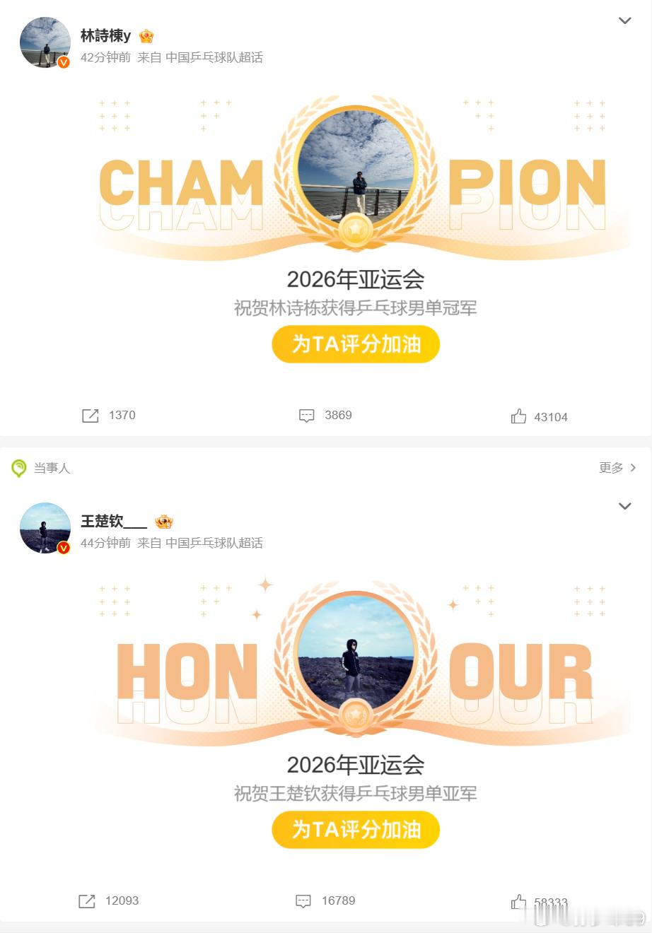 林诗栋 3800条评论，王楚钦 1.6万条评论，后者的热度明显高了很多王楚钦vs