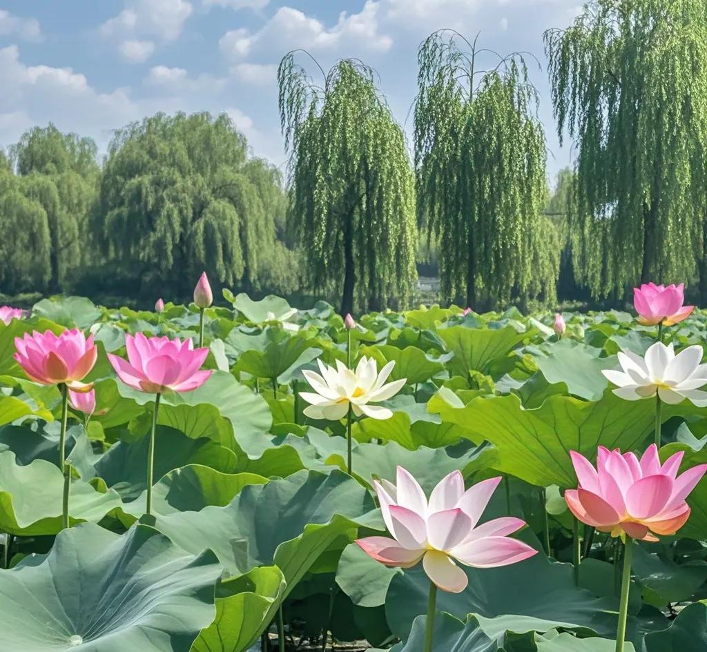 #看看你相册的绿植##荷塘景色美如画#柳树成荫花盛开#