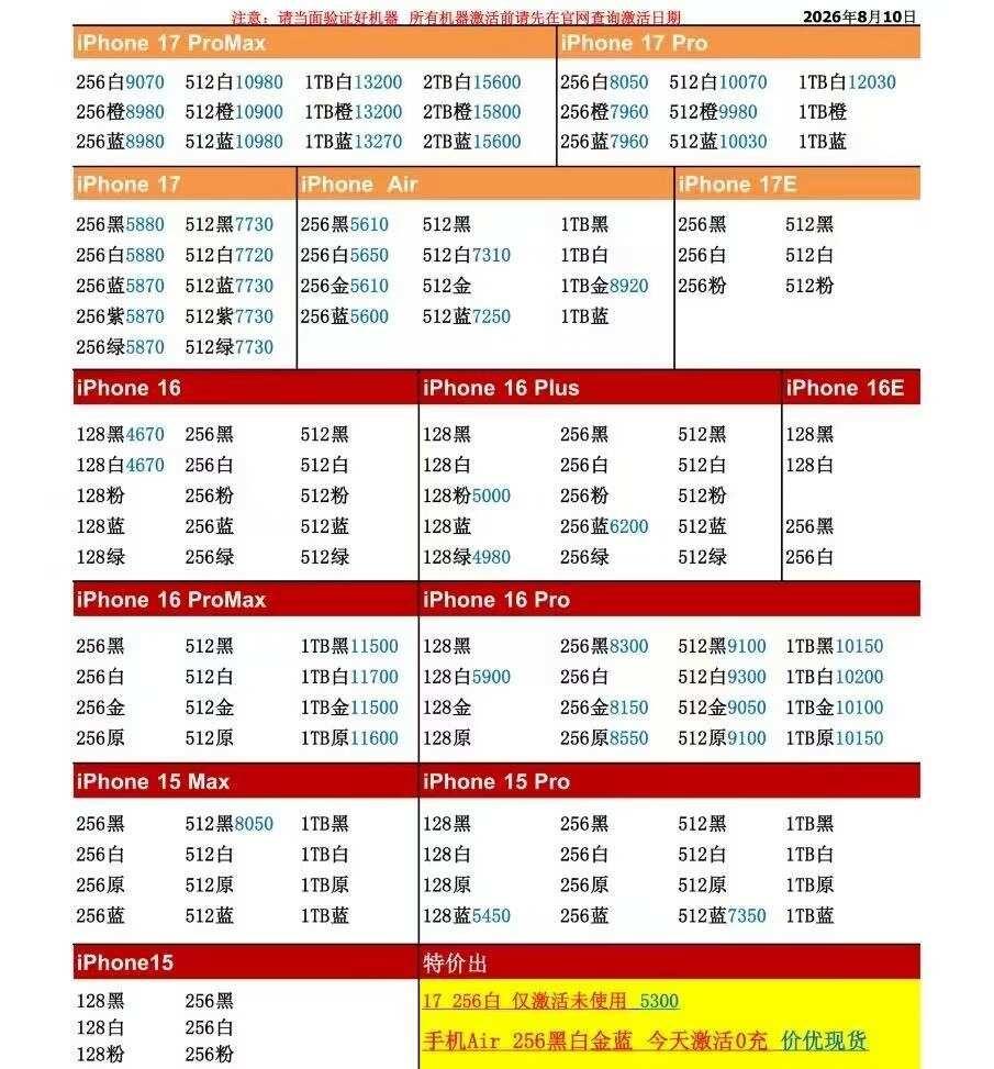 8月10日国行苹果手机批发价格行情
26年8月10日国行苹果手机系列价格更新，今