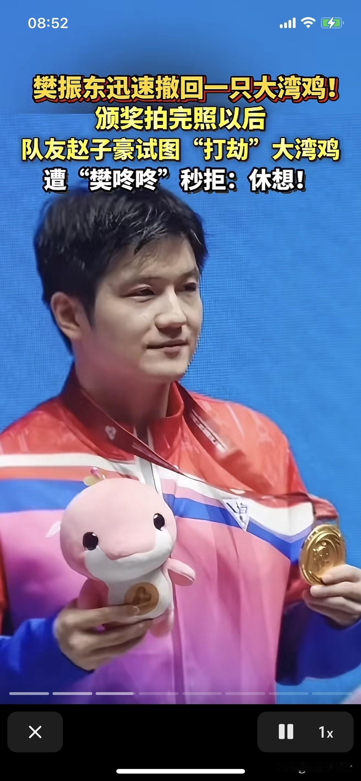 樊振东在颁奖时，非常喜欢大湾鸡。
赵子豪没有获得奖牌，也没有大湾鸡。赵子豪想摸摸