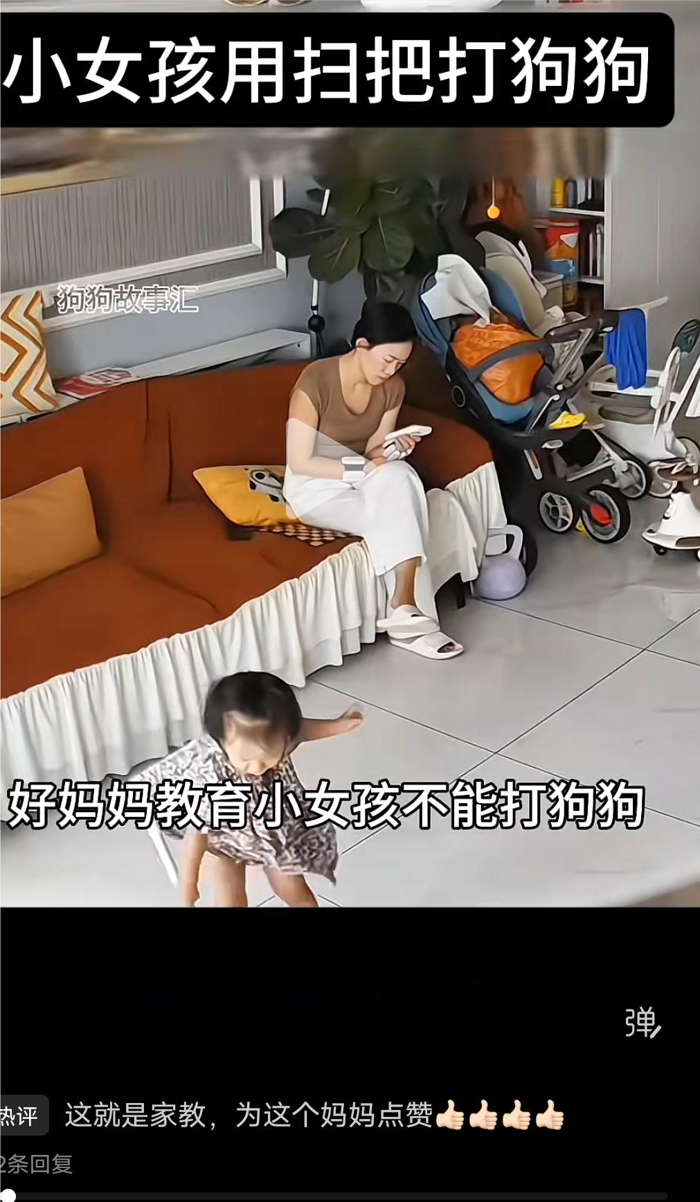 这才是家教！
刚学会走路的小女孩拿着扫把打了狗狗，一旁刷手机的妈妈看到及时制止小