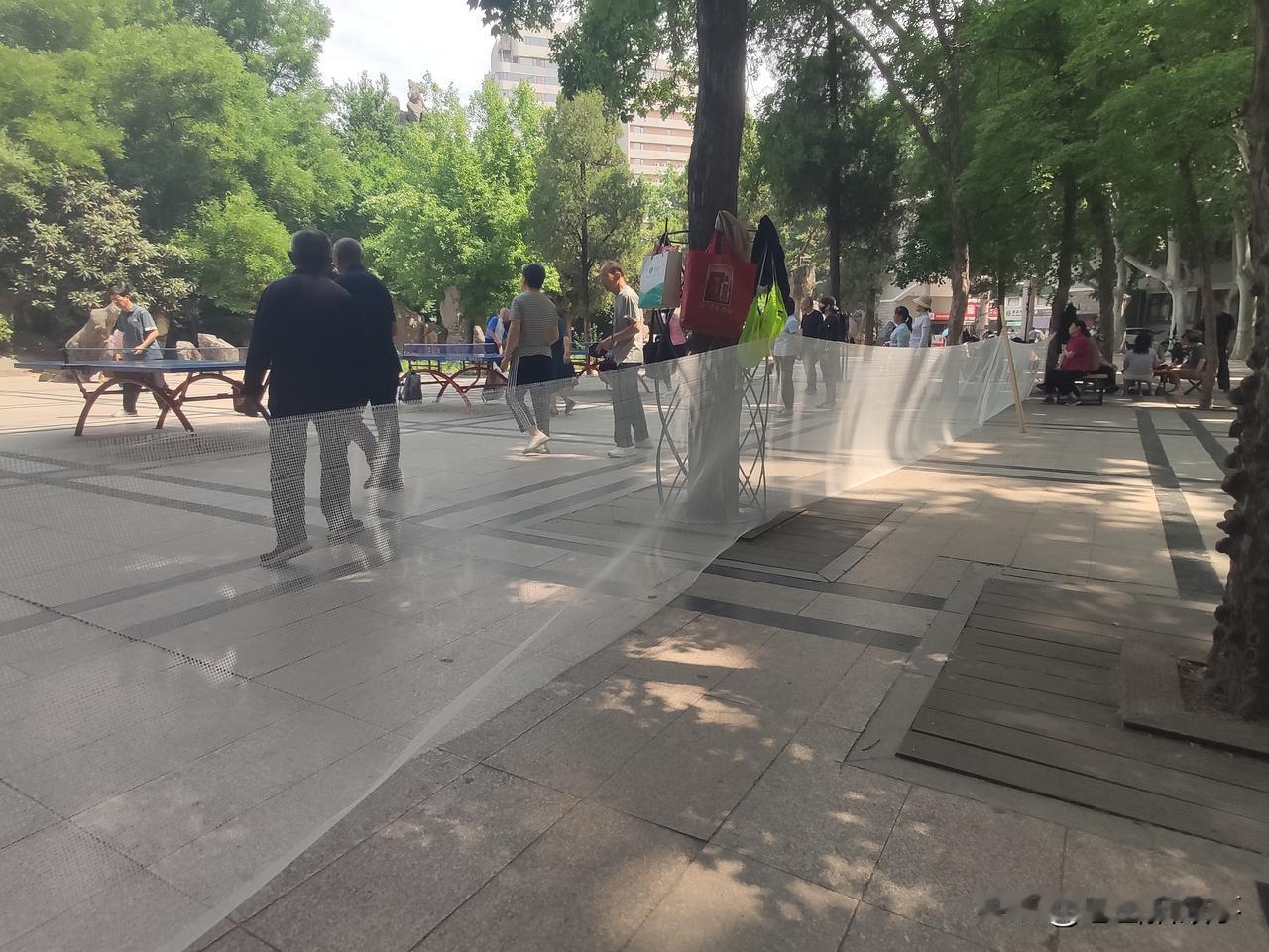郑州拍人民公园随手拍:乒乓球迷们为了少走几步路捡球，就自己弄了个防护网在乒乓球桌