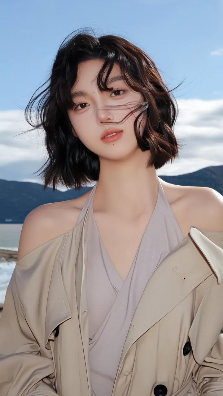 温柔海风中的时尚少女，轻盈飘逸的裙摆与风衣相得益彰，尽显自然之美。